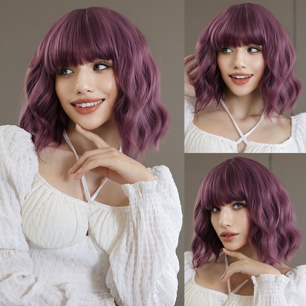 A purple wig for women\'s daily use, featuring straight bangs, short curly hair, and a full head wig made of high-temperature synthetic fiber