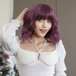 A purple wig for women\'s daily use, featuring straight bangs, short curly hair, and a full head wig made of high-temperature synthetic fiber