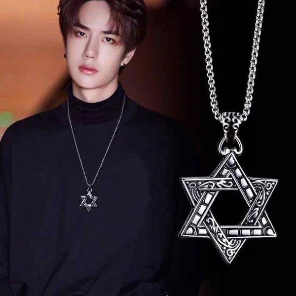 Collier ins hexagrama pendentif européen et américain étudiant couple personnalité titane acier homme femme pendentif